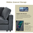 Close-up of modular sofa armrest with USB ports and wireless charging pad, highlighting smart tech integration.