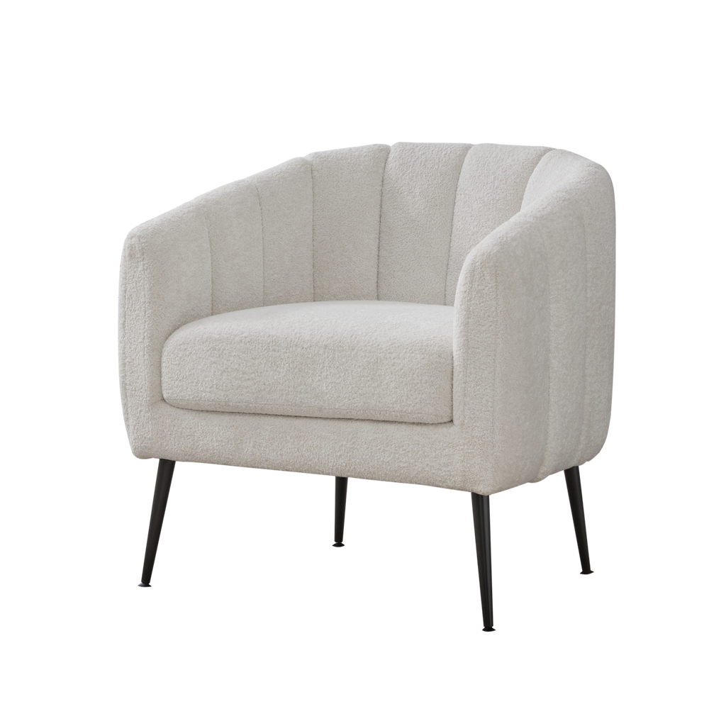 Modern Upholstered Chenille Vanity Barrel Accent Chair with Metal Legs, Channel Tufted Lounge Chair, Ivory