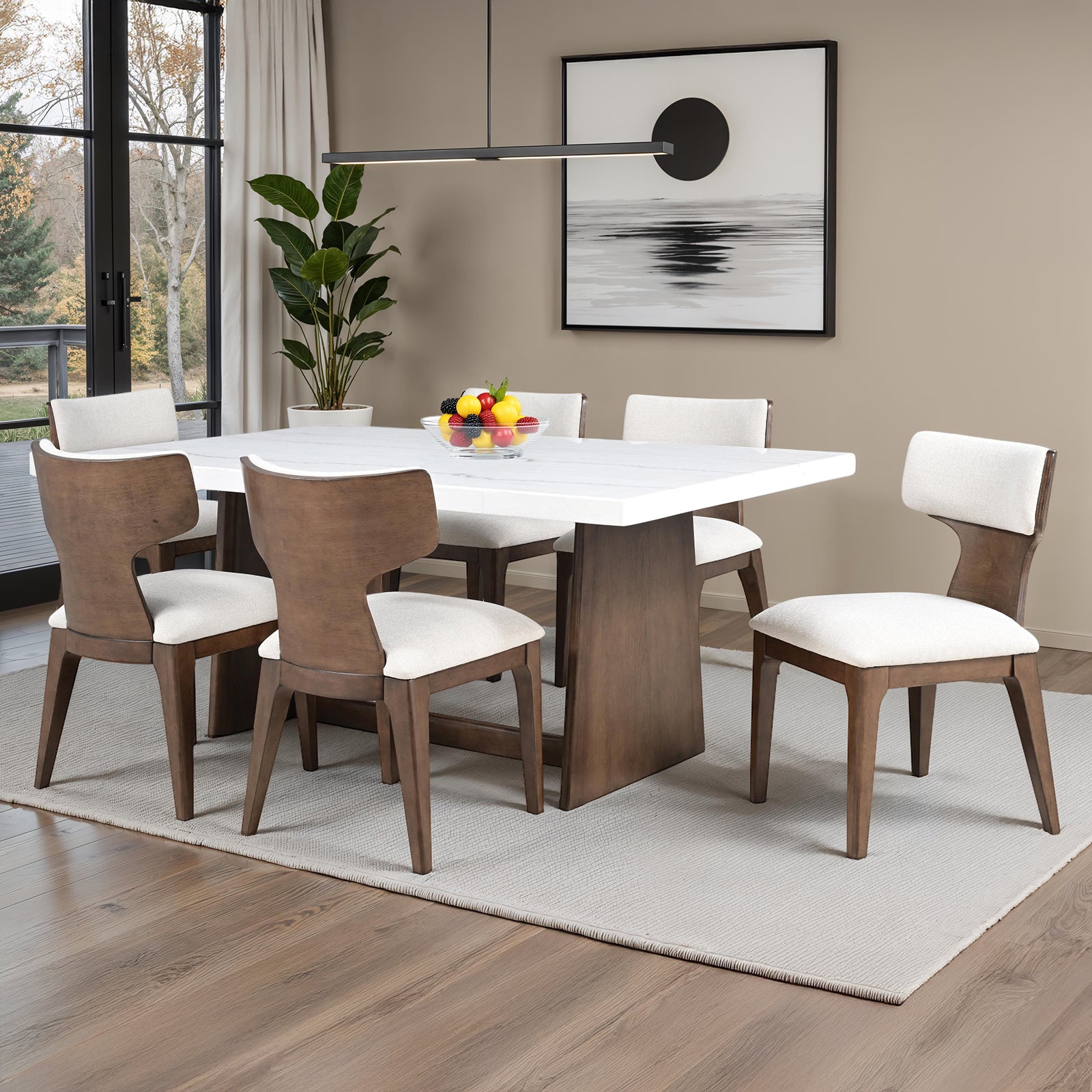 Contemporary Dining Chairs - Brown 2pc Set arranged in a modern dining room with a white table and neutral decor.