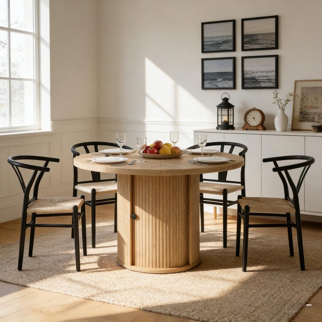 Black Woven Dining Chairs Set with Roman Column Table.