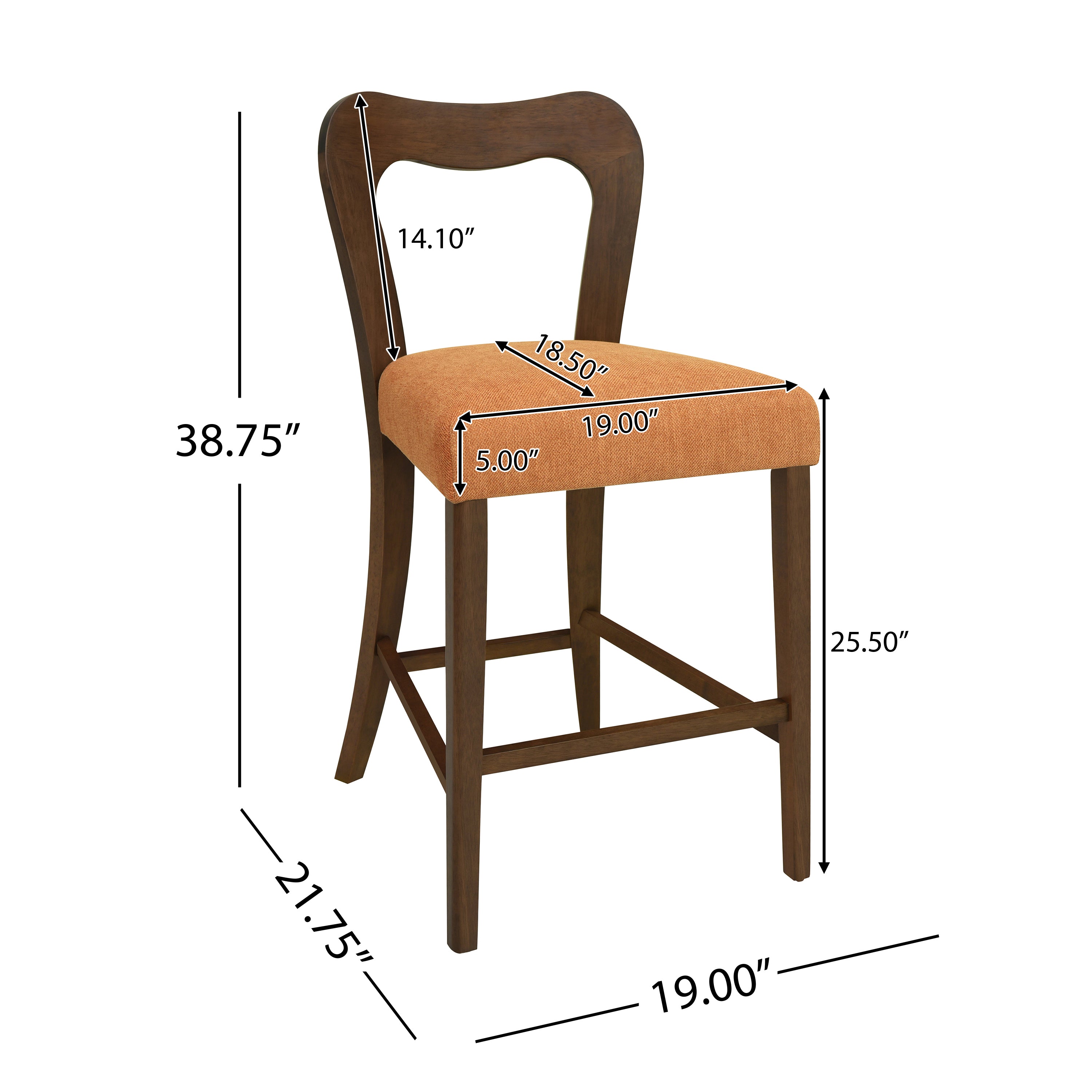 Dimension diagram of Walnut Caramel Counter Stool showing seat height, width, and depth. Ideal for ergonomic kitchen seating.