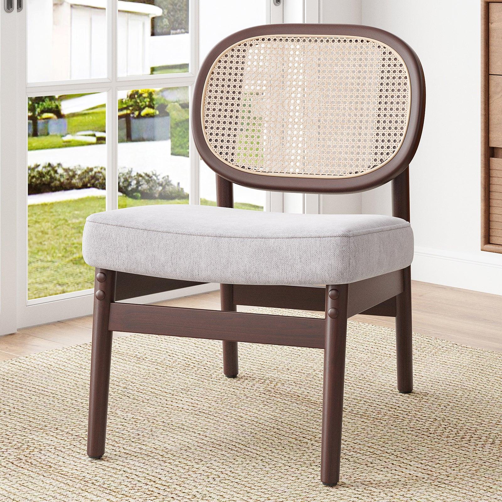 Rattan Accent Chair, Upholstered Living Room Chair with Rattan Back & Wood Frame, Mid-Century Modern Reading Chair for Living Room, Bedroom, Beige.