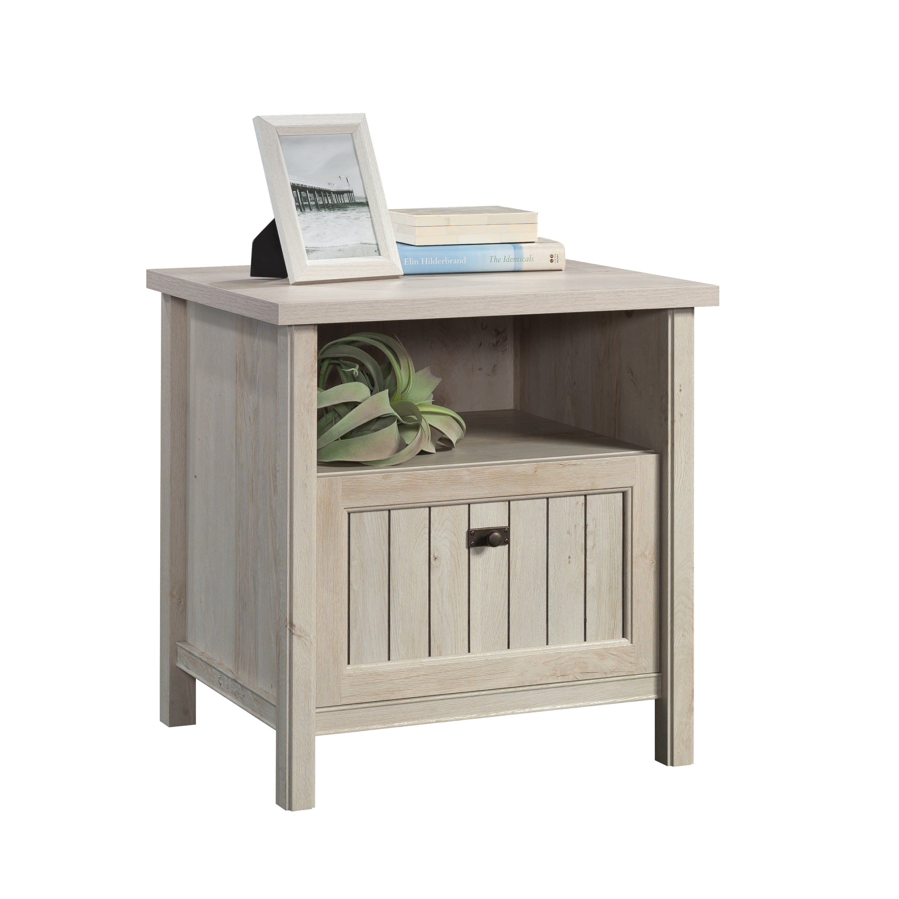 Gray Night Stand with Drawer styled with books and decor on top, open shelf and drawer for functional bedroom storage.