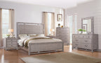 Complete bedroom set featuring Queen Size Panel Bed in Dawn Finish with USB ports, matching dresser, mirror, and nightstands.