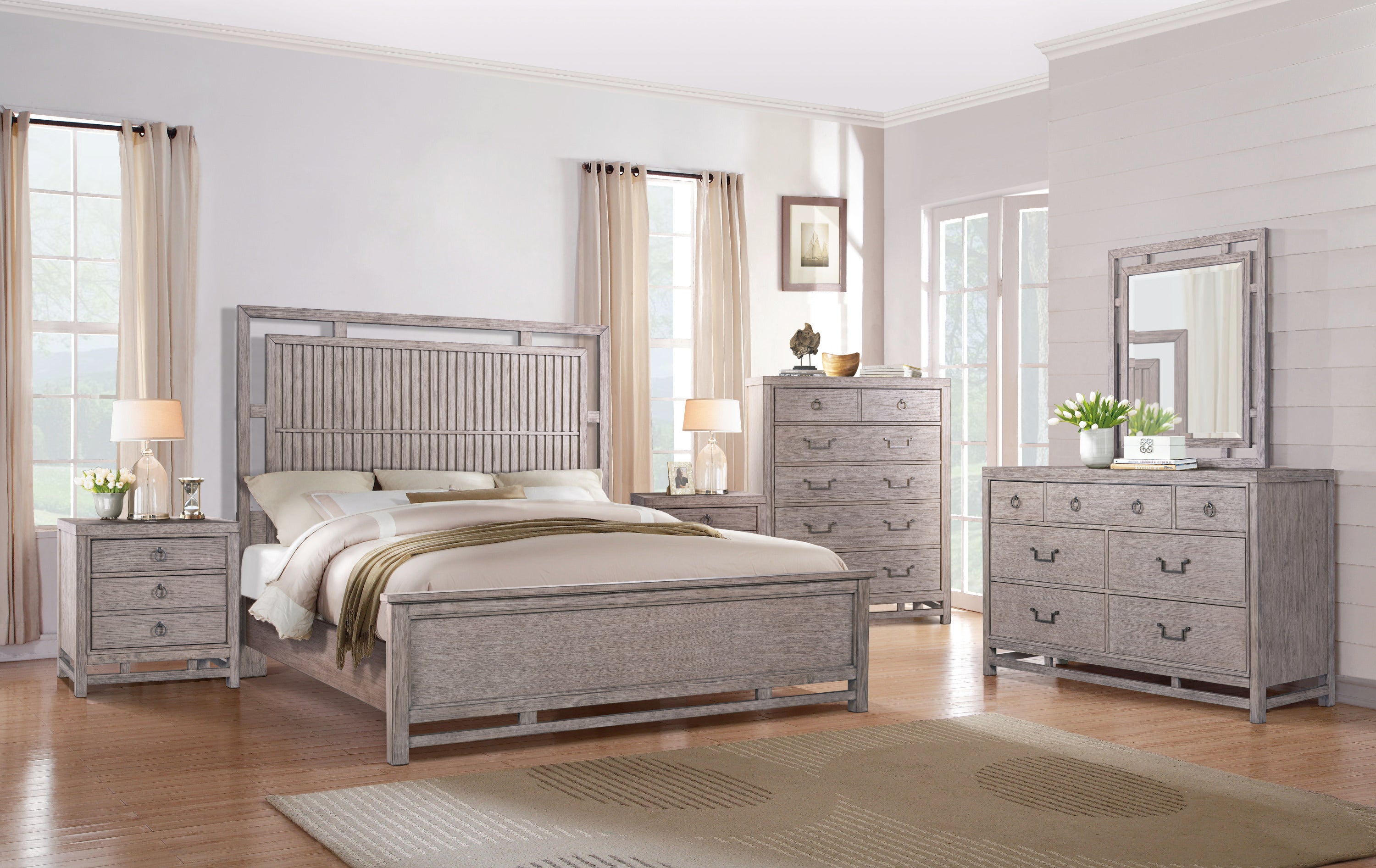 Complete bedroom set featuring Queen Size Panel Bed in Dawn Finish with USB ports, matching dresser, mirror, and nightstands.