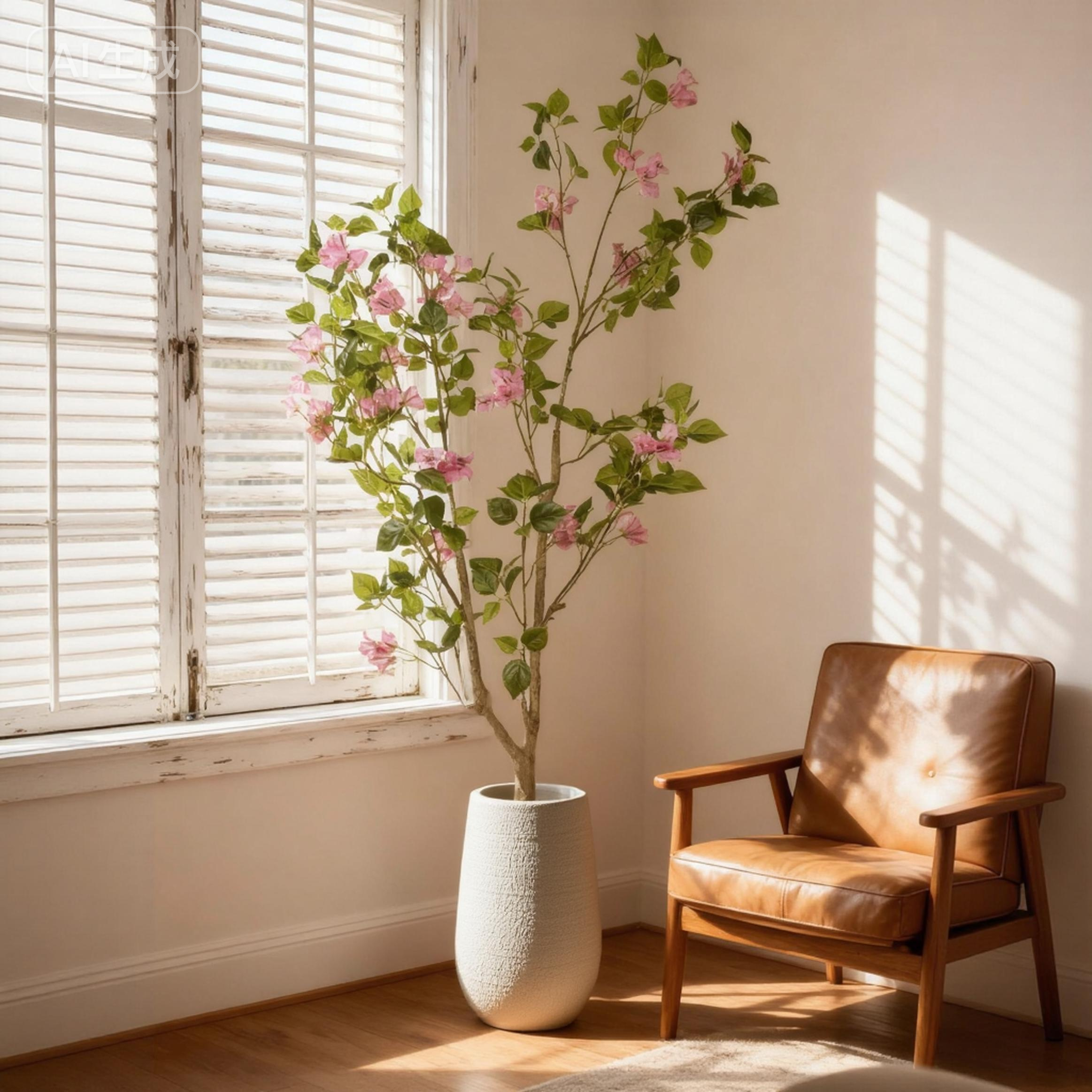 Artificial bougainvillea tree with baby pink blossoms and green leaves in a textured white pot by a sunny window.
