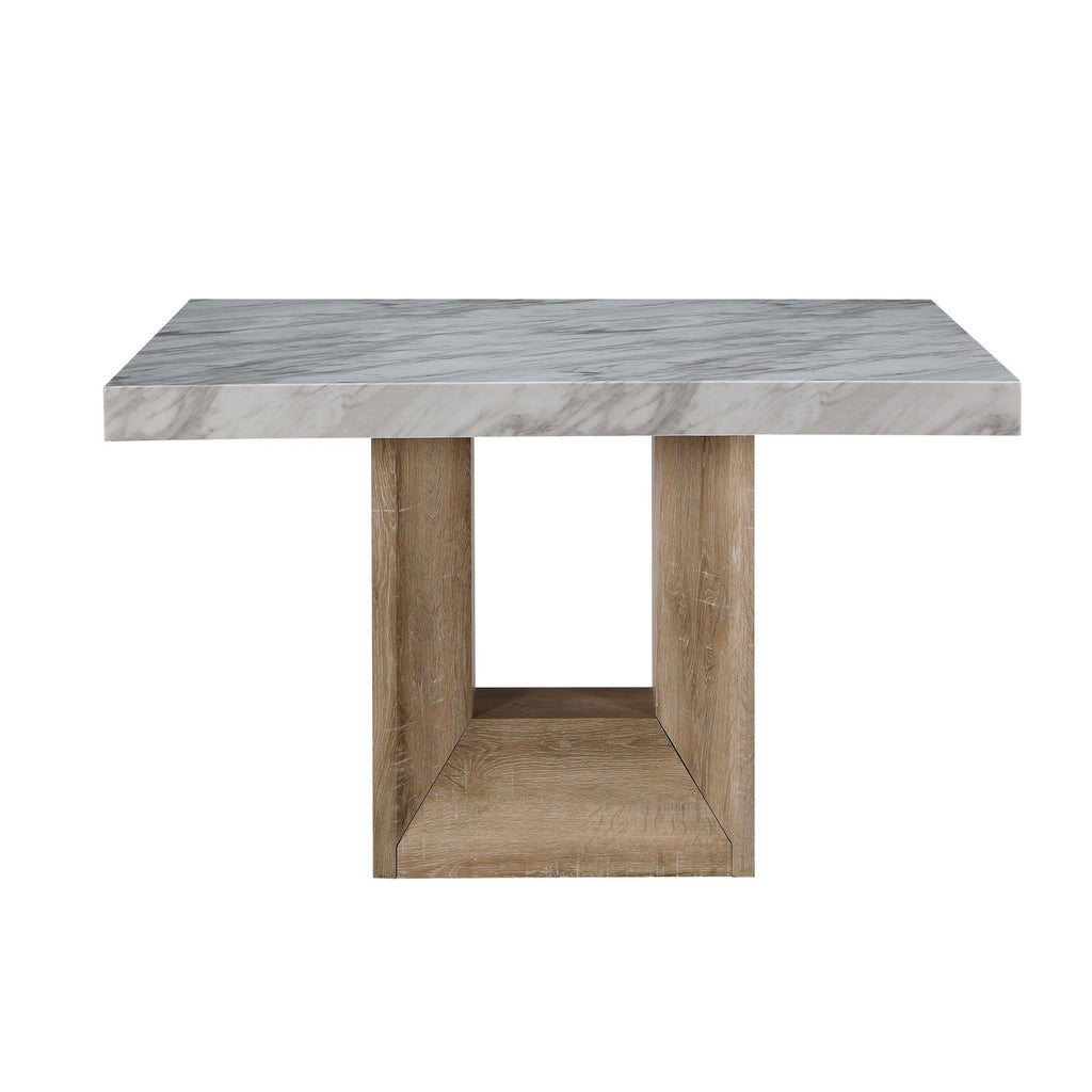 Front view of dining table from 5PC Dining Table Set - Faux Marble - Modern Dining, highlighting thick faux marble top and wood pedestal base.