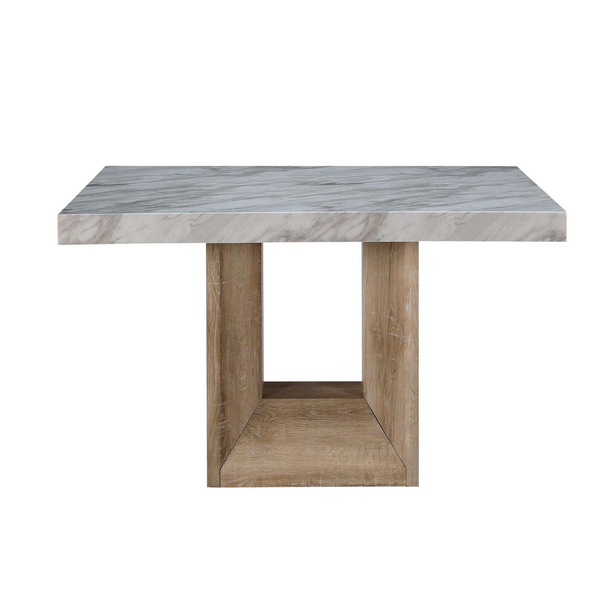 Faux marble dining table with natural wood pedestal base, featuring a rectangular top and elegant modern design. Seats 6 comfortably.