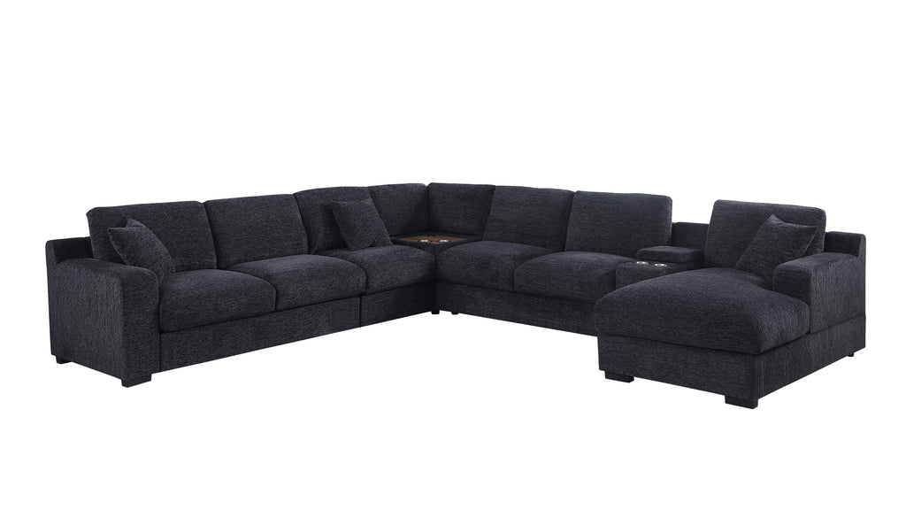 Celine sectional sofa in dark gray with chaise, cupholders, and USB ports. Modular configuration with soft fabric and deep seating.