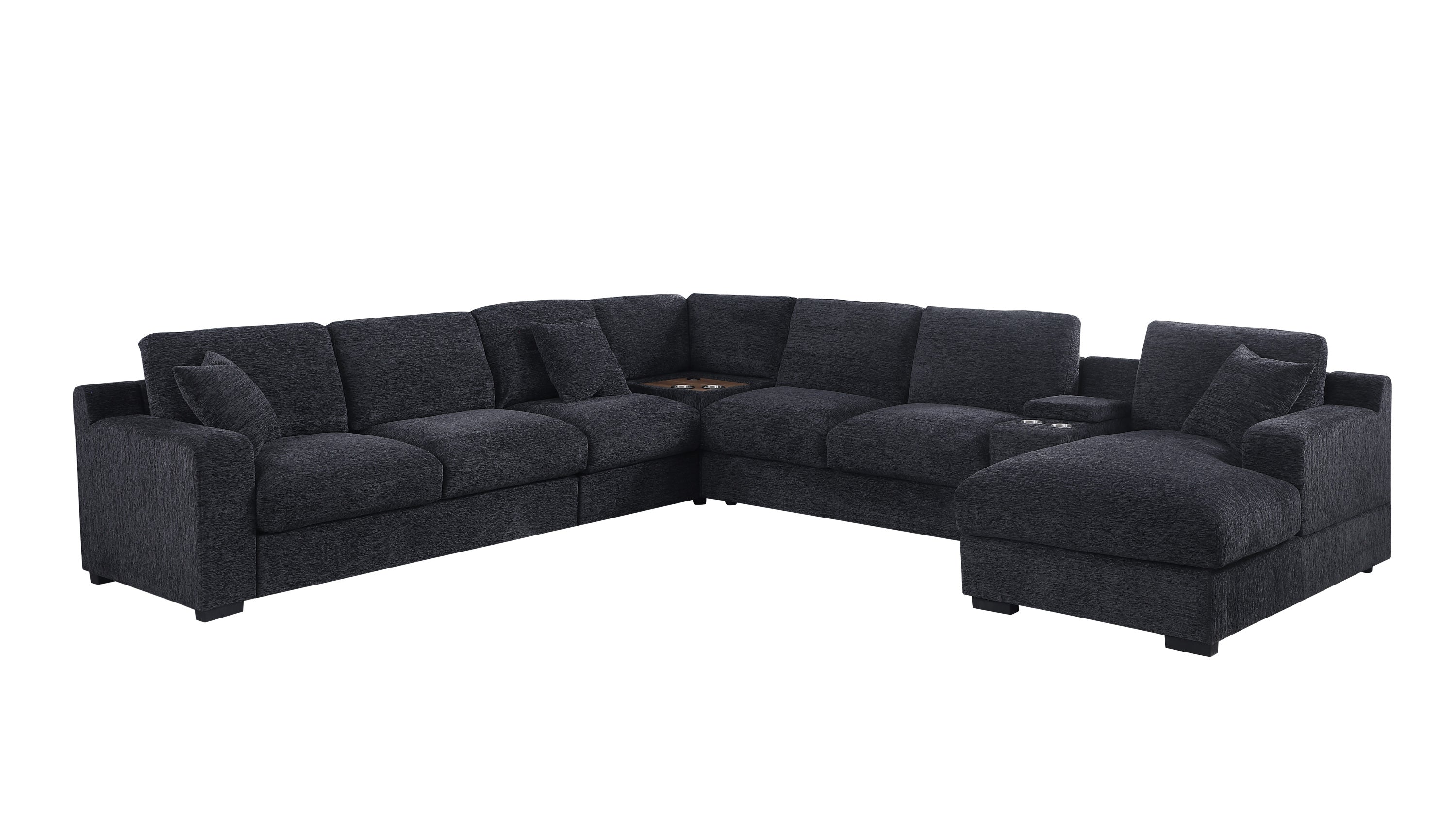 Celine sectional sofa in dark gray with chaise, cupholders, and USB ports. Modular configuration with soft fabric and deep seating.