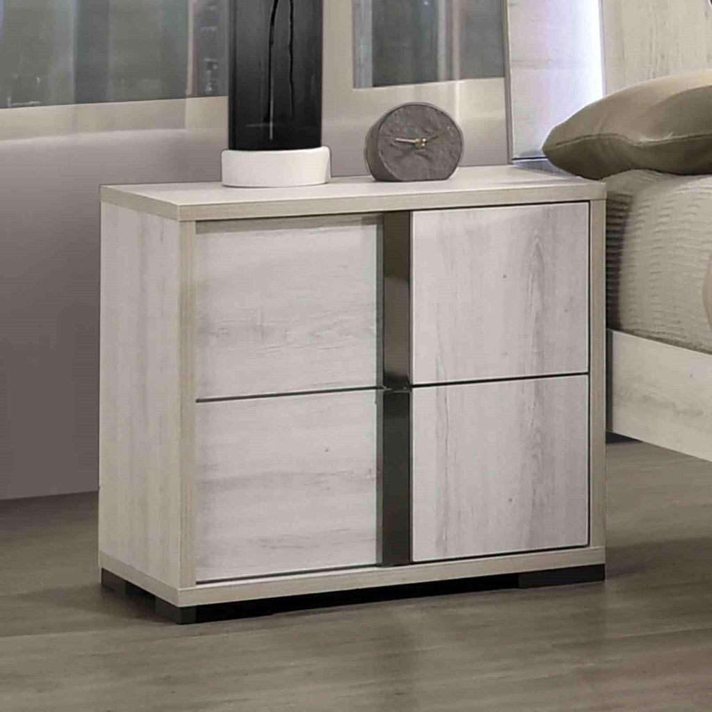 Contemporary Nightstand with Drawers in White Wash Finish.