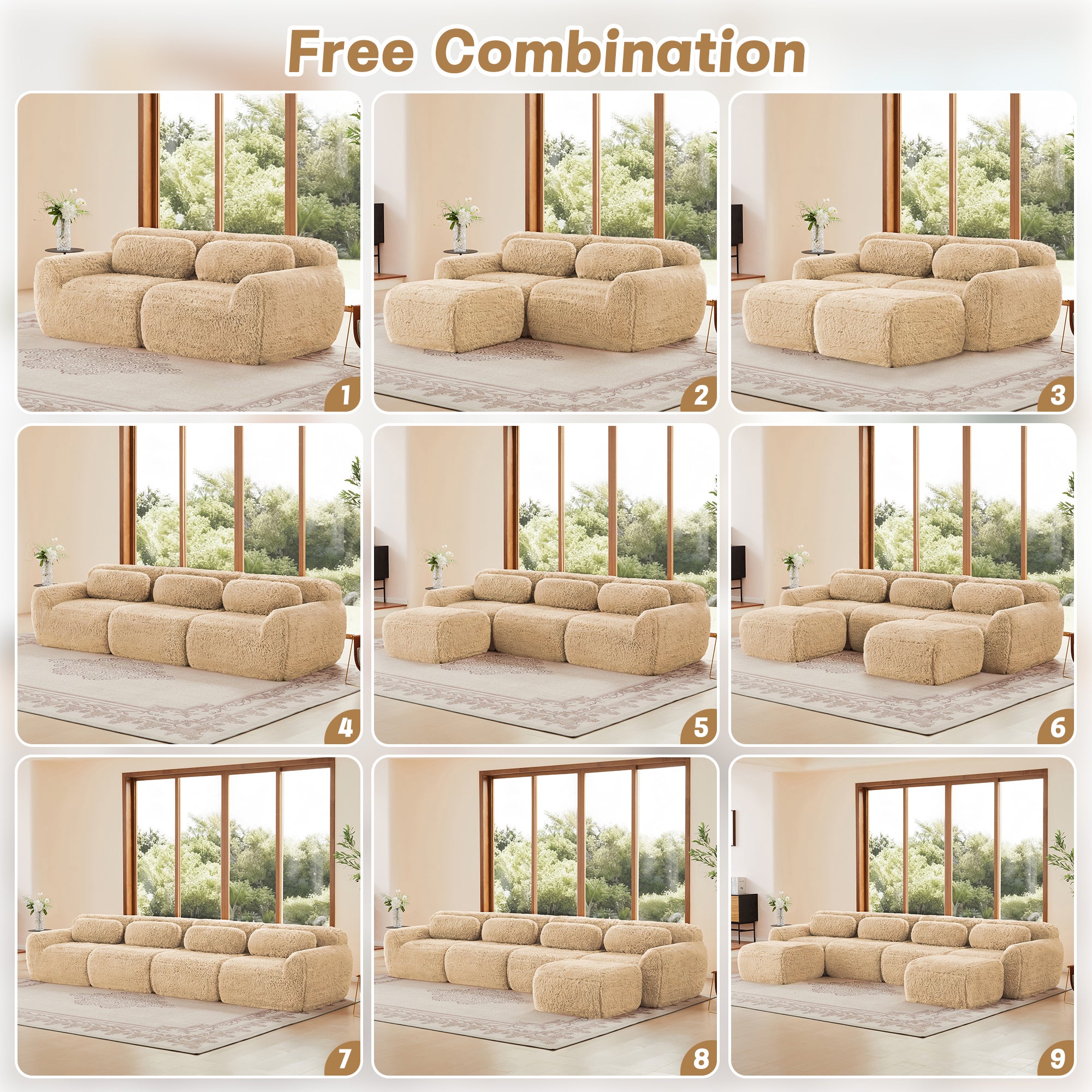 Nine layout combinations of plush modular sectional sofa with ottoman, showcasing flexible and customizable arrangements.