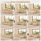 Nine layout options of modular sofa showing free combination flexibility for various living room configurations.