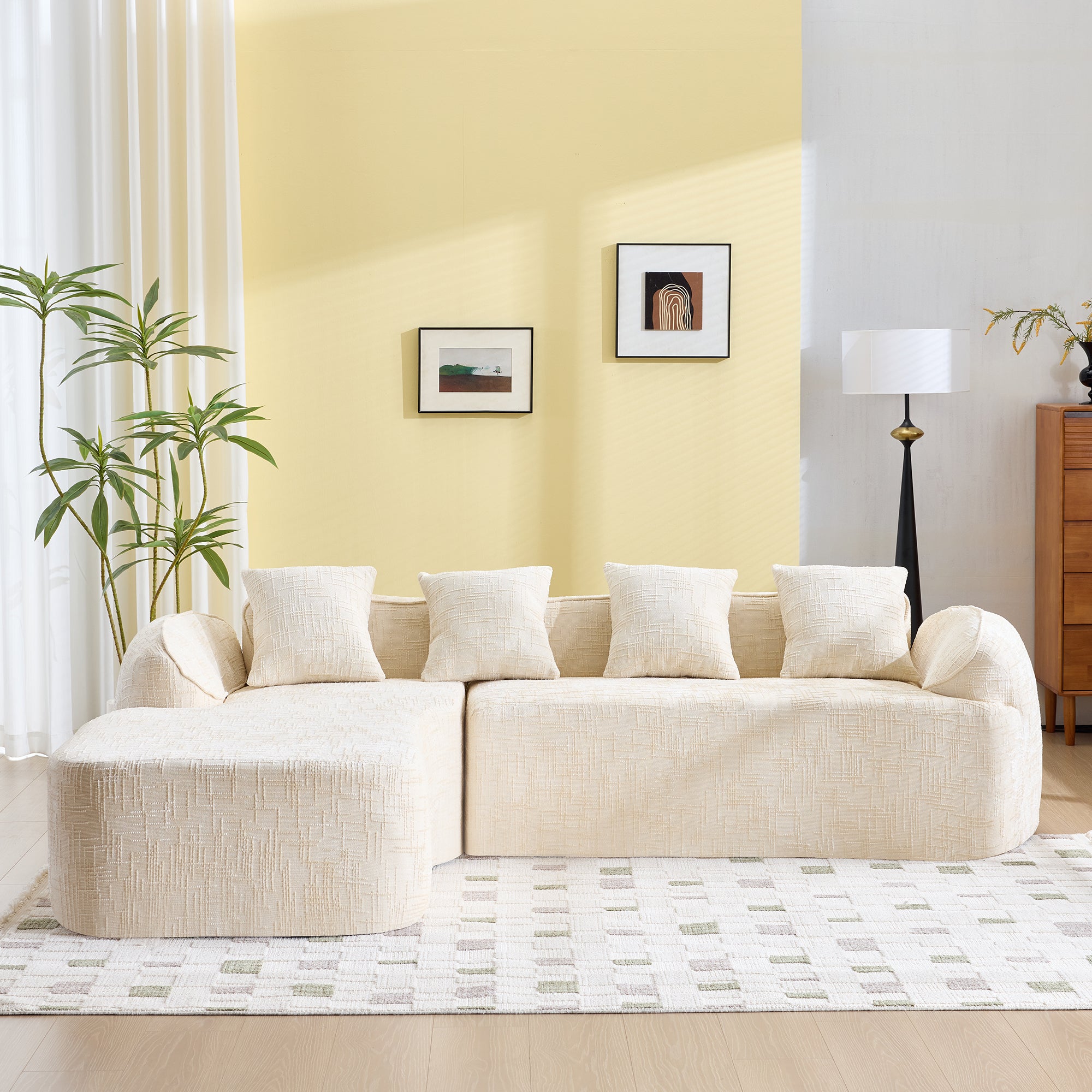 Chenille L-shaped beige sofa with five matching pillows, offering comfort and elegance for contemporary interiors.