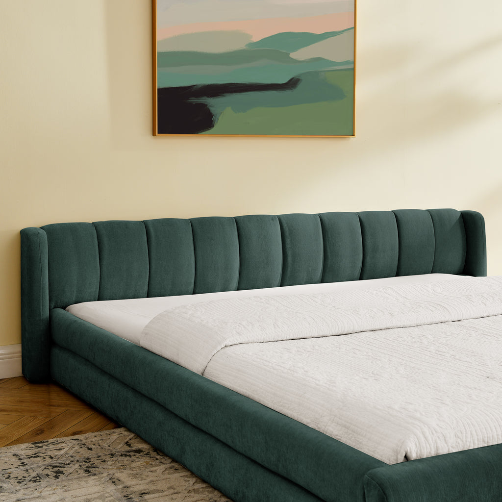 Side view of king size upholstered bed with vertical-stitched chenille headboard, blending comfort and modern style.