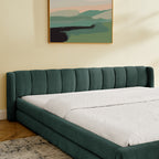 Side view of king size upholstered bed with vertical-stitched chenille headboard, blending comfort and modern style.