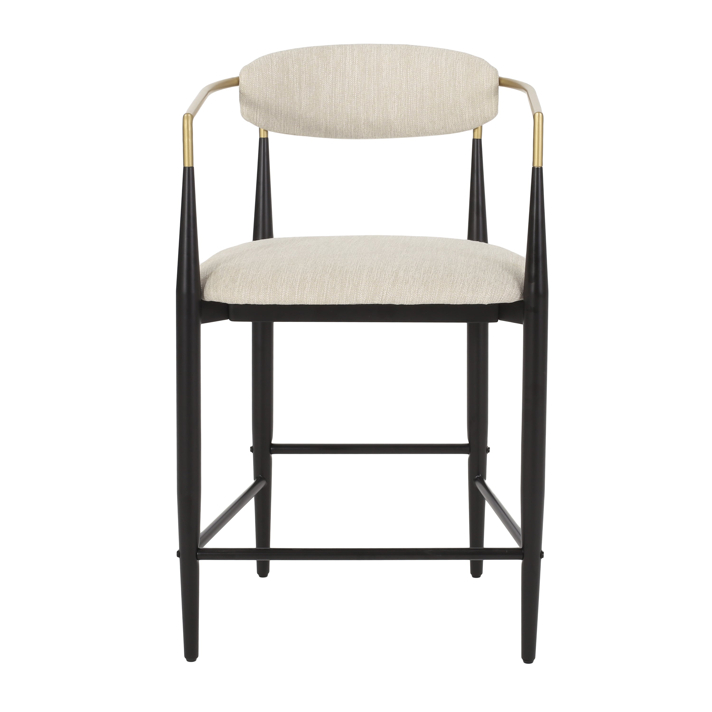 Single modern counter stool with beige seat and backrest, featuring sleek black iron legs and gold arm accents.
