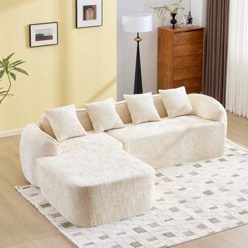 Comfortable Beige Chenille L-Shaped Sofa with Pillows.