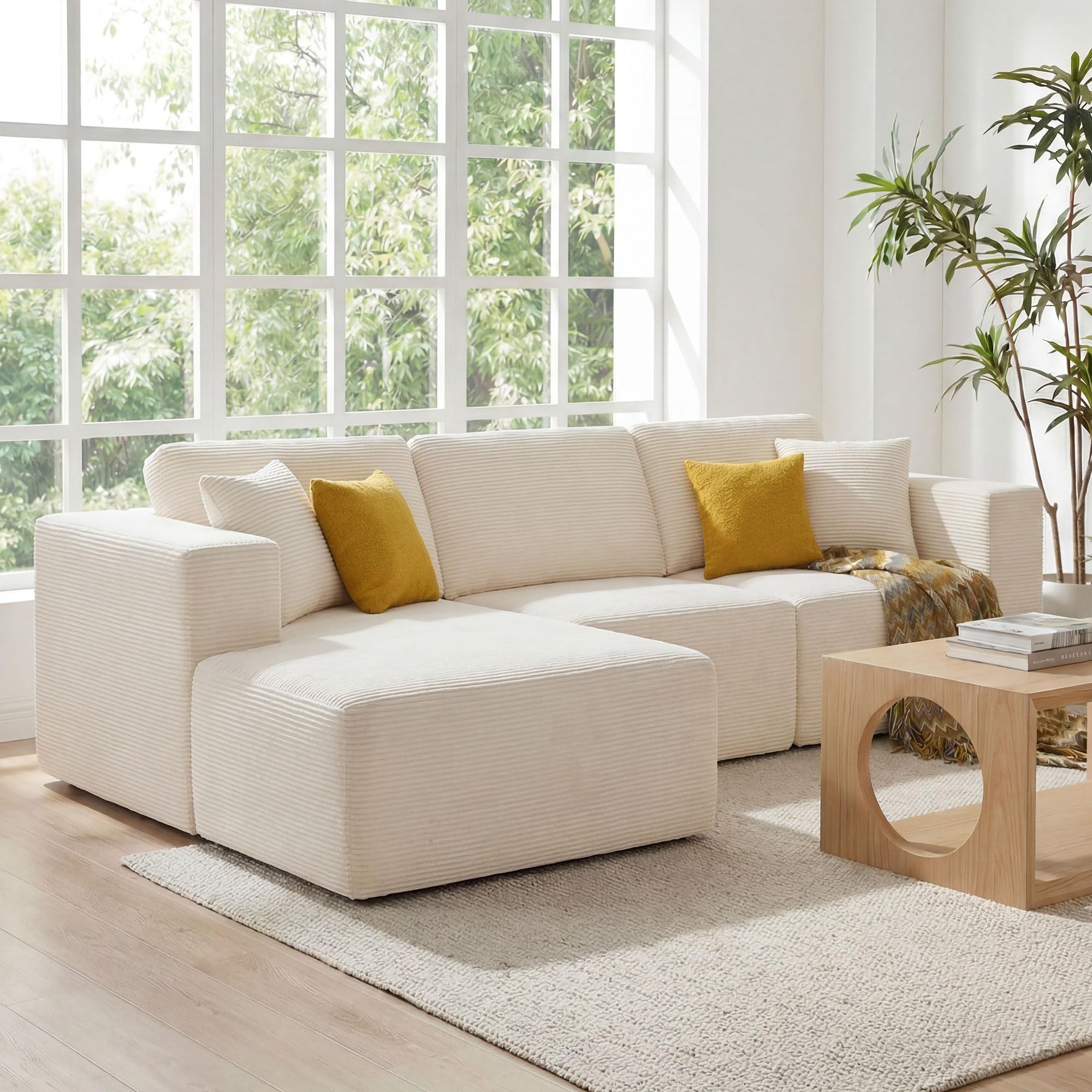 109-Inch Beige Corduroy Modular Sectional Sofa with Deep Chaise