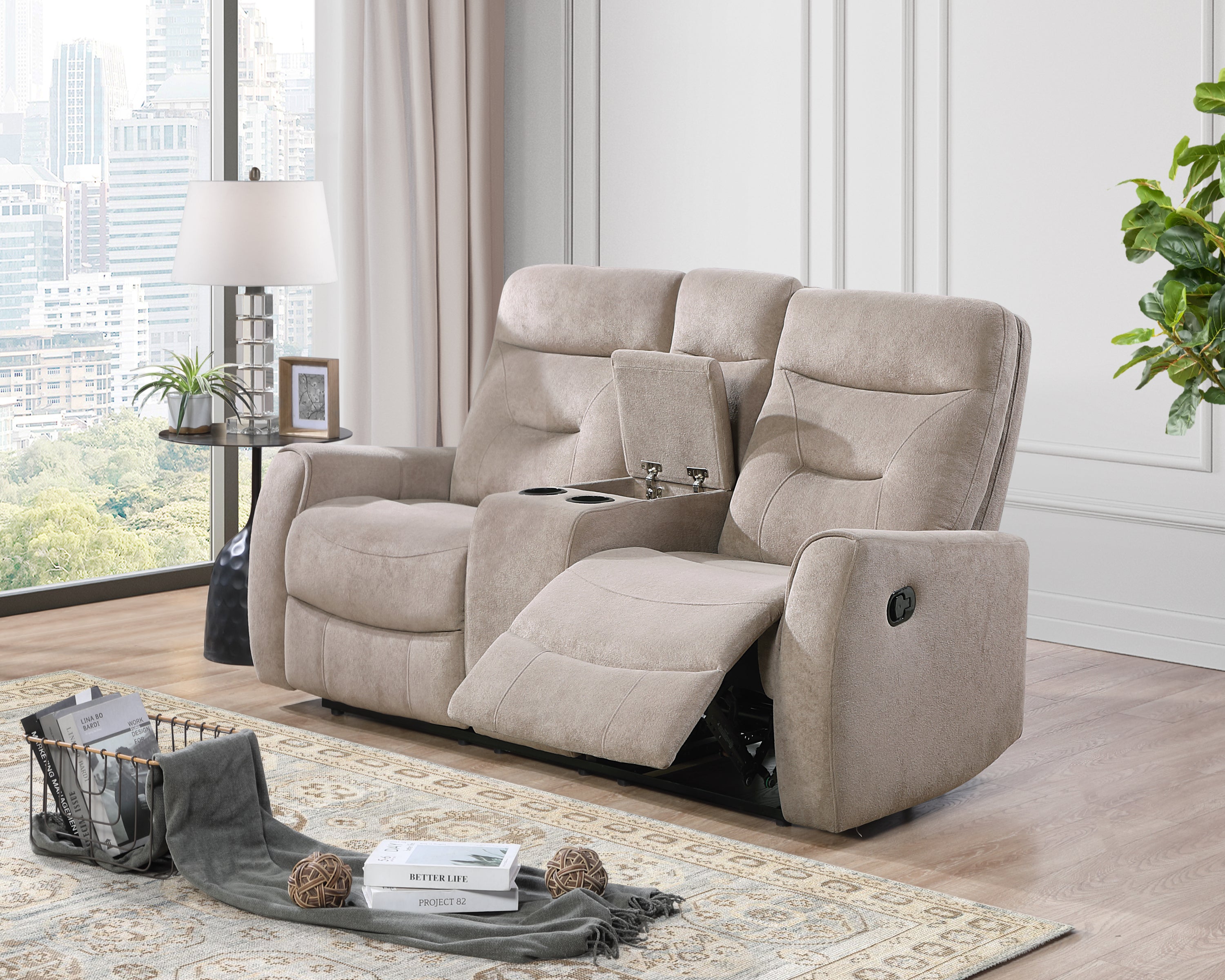 Paterson 69-Inch Beige Microsuede Reclining Loveseat with Console