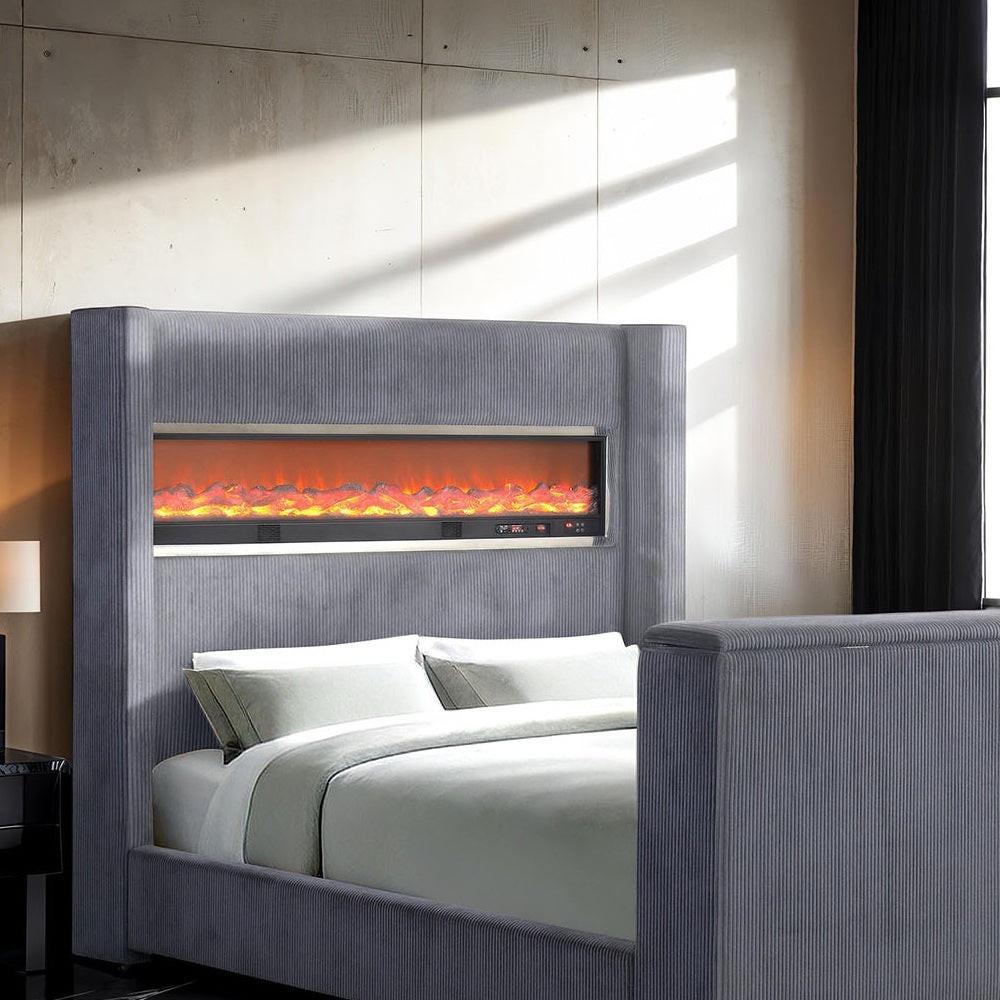 Contemporary Gray King Size Bed with TV Lift Footboard.