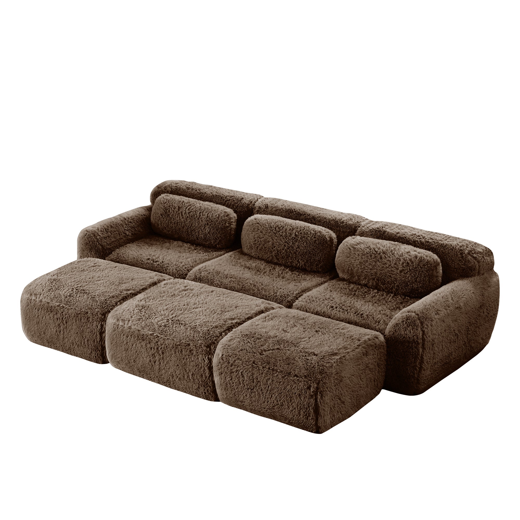 Chocolate modular sofa 3-seater plush fabric with movable ottoman, featuring soft texture and modern design.