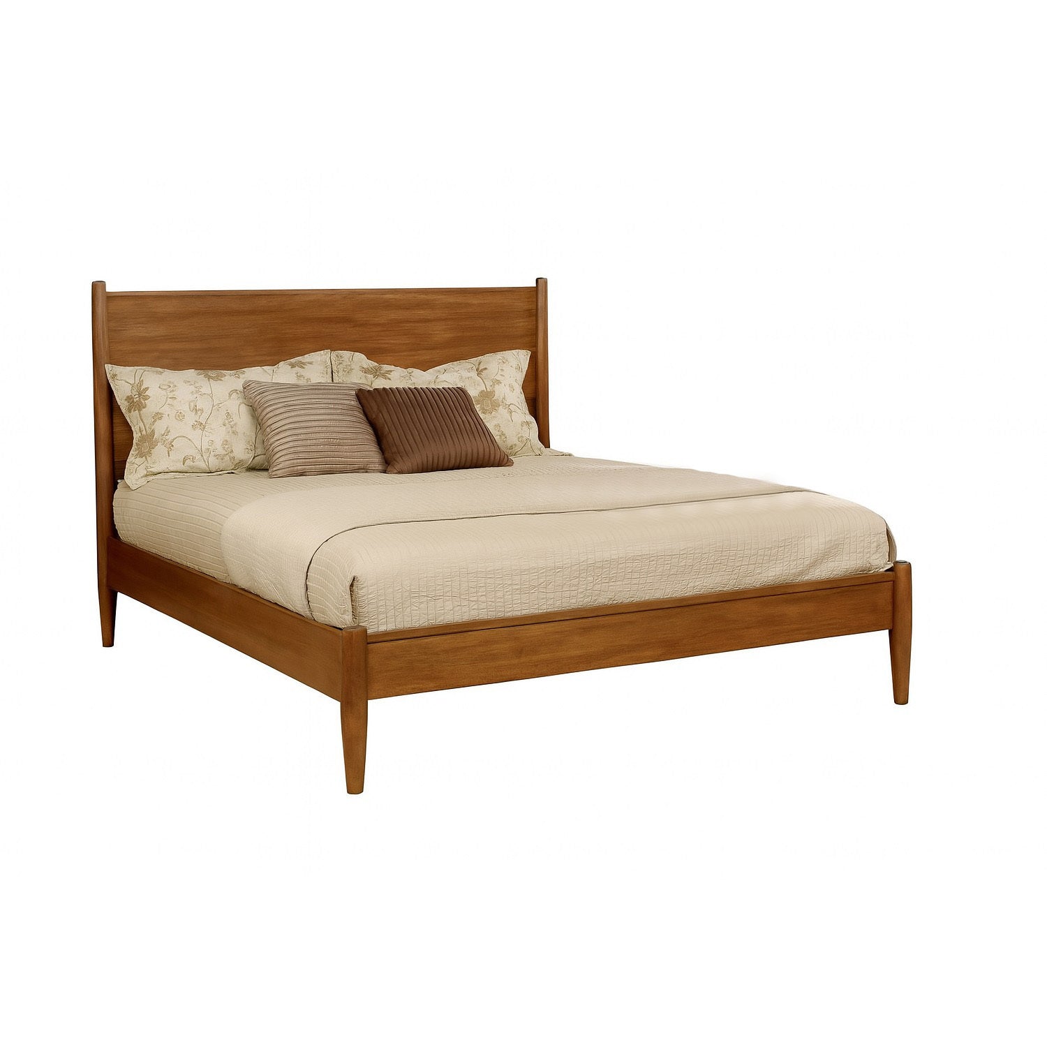 Mid-Century King Platform Bed in Oak Finish with tapered legs and high headboard, styled with neutral bedding for a modern bedroom look.