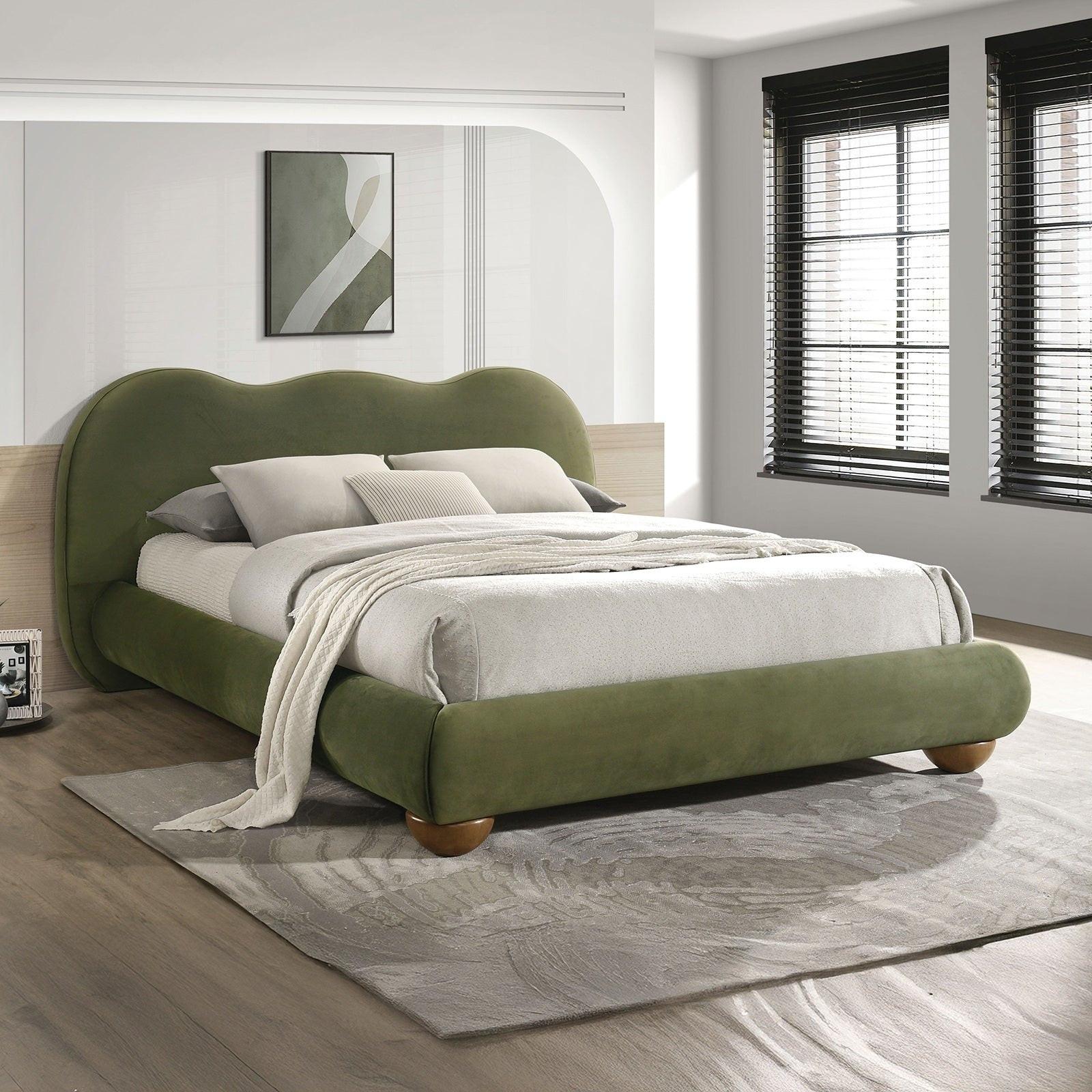 Olive Green Queen Size Bed with Boucle Upholstery.