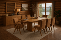 8-piece light oak dining set with chocolate chenille upholstered chairs and matching server in a rustic dining room. Durable elegance for modern homes.