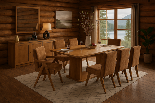 8-piece light oak dining set with chocolate chenille upholstered chairs and matching server in a rustic dining room. Durable elegance for modern homes.