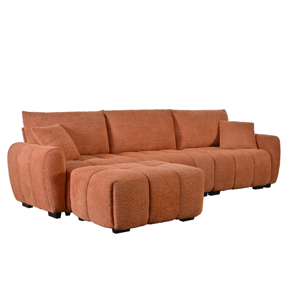 Right-angled view of modular sectional sofa with ottoman in boucle fabric, emphasizing plush seating and modular flexibility.