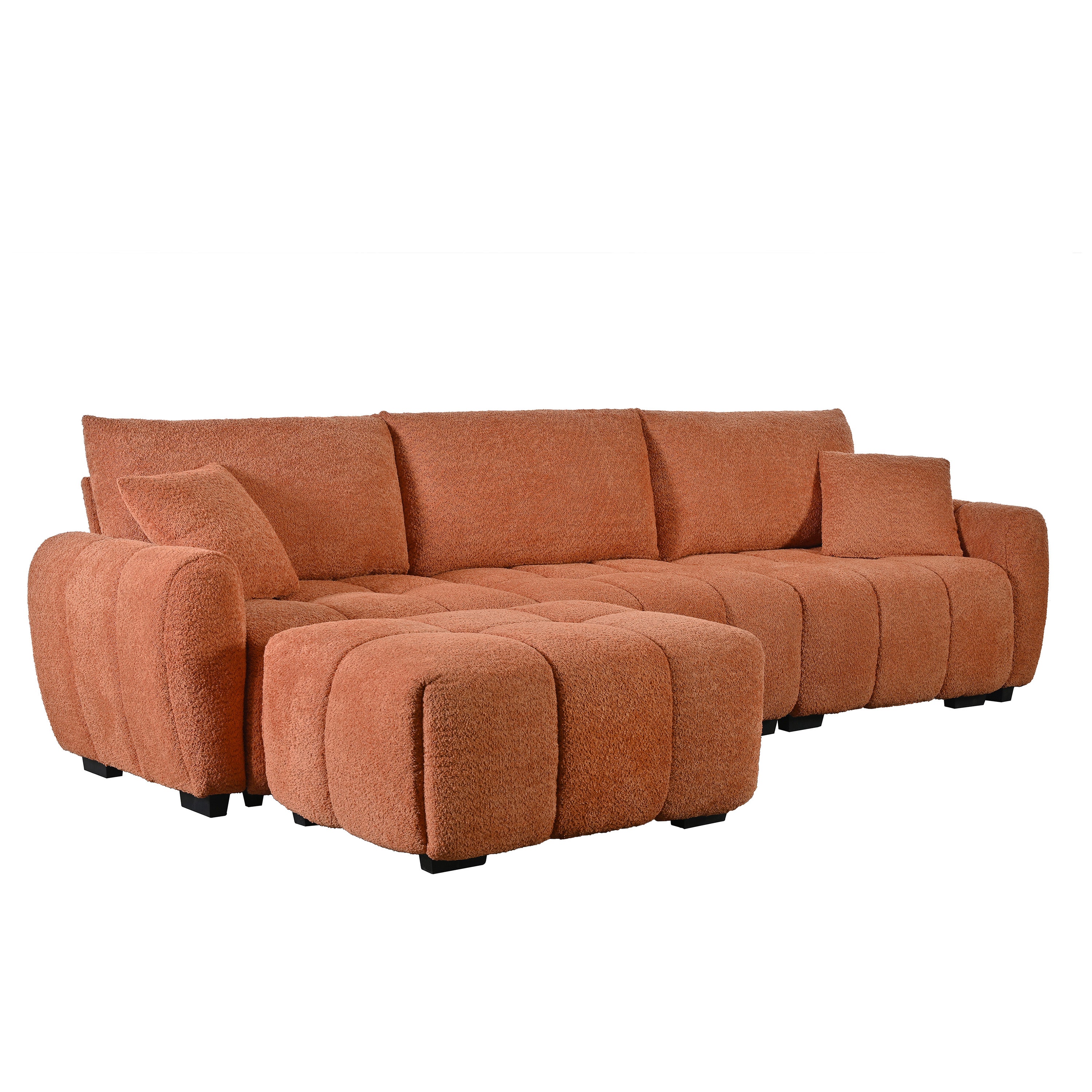 Right-angled view of modular sectional sofa with ottoman in boucle fabric, emphasizing plush seating and modular flexibility.