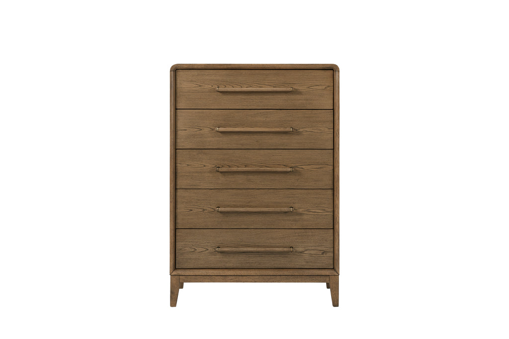 Small Chest - Latte | Solid Wood Chest with five spacious drawers in warm latte finish, crafted from elm veneers for durability and charm.