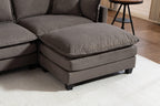 Ottoman detail on light area rug. Thick cushion and dark wood legs match the sectional sofa for a cohesive modern look.