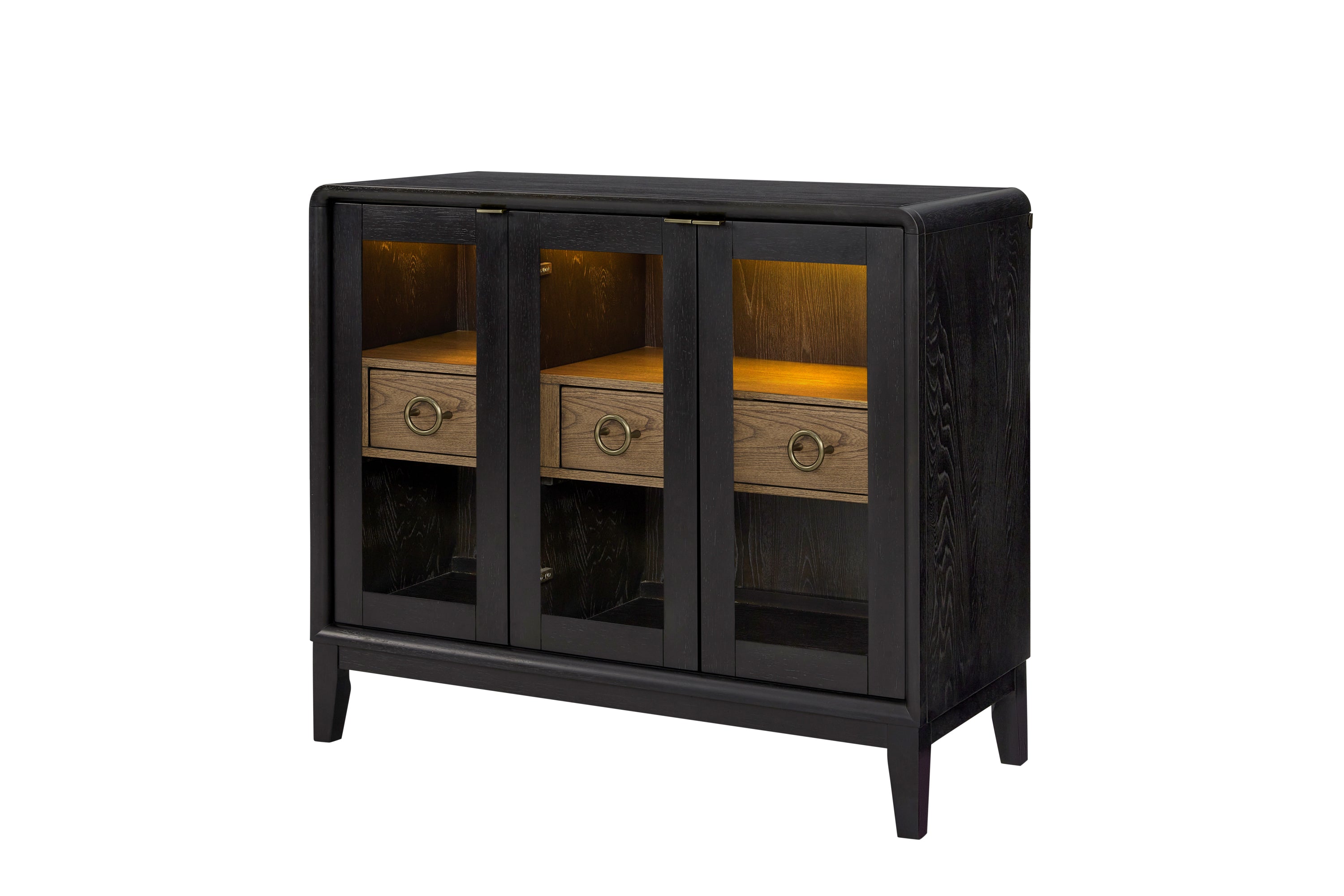 Peppercorn Glass Door Server Furniture illuminated interior display with built-in lighting highlighting drawers and shelving space.