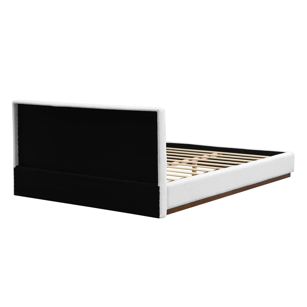White Boucle Upholstered Bed - Queen Size with Solid Wood Frame.
