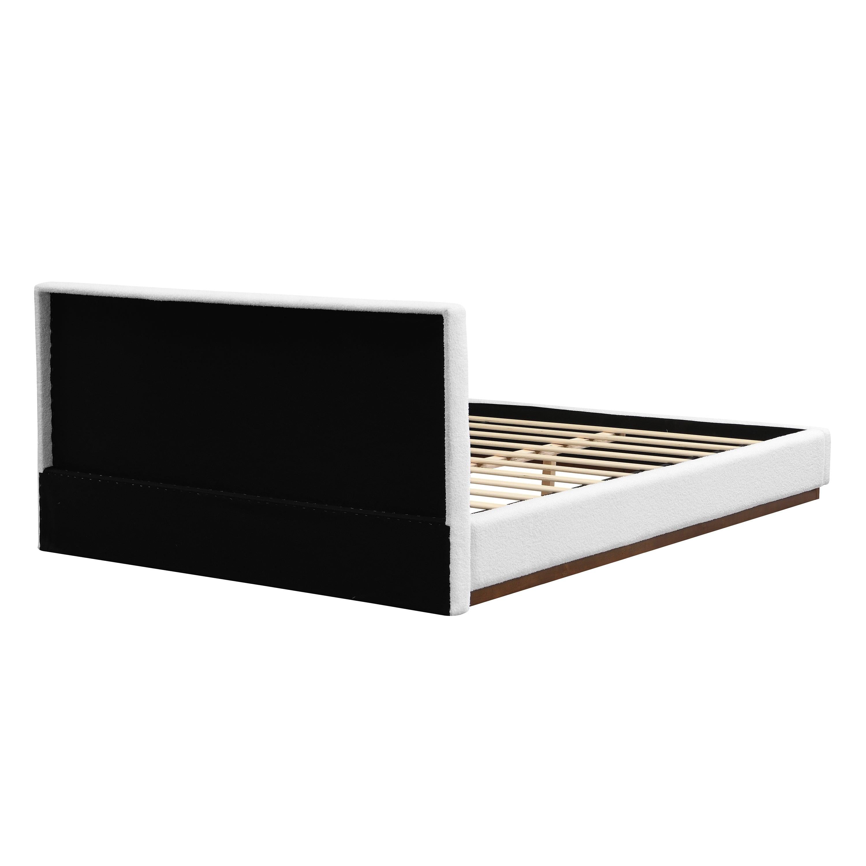 White Boucle Upholstered Bed - Queen Size with Solid Wood Frame.