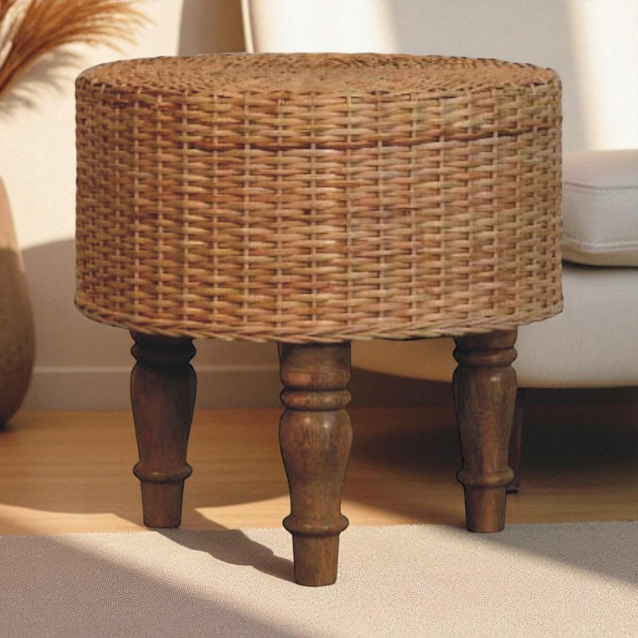 Solid Wood Regency Round Woven Stool,Brown
