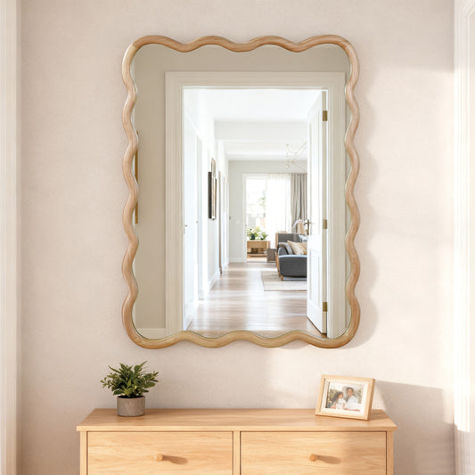 Natural Wood 30'x40' Wavy Rectangle Solid Wood Frame Decorative Mirror,For Bedroom, Bathroom, Living Room, Entryway