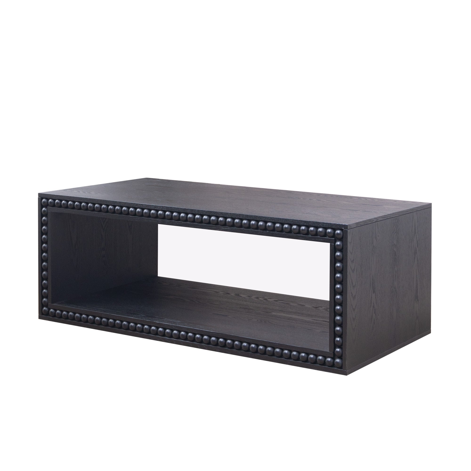 Angled view of Black Beaded Coffee Table with Storage Shelf highlighting its rectangular shape and open storage space.