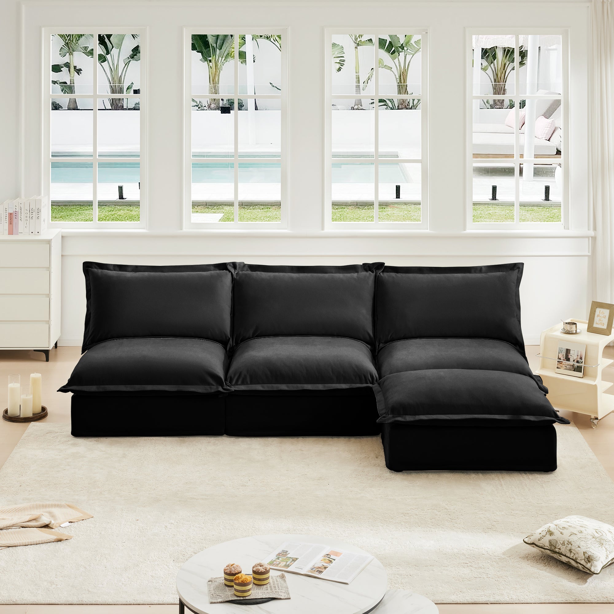 Black Chenille 3 Seater Armless Modular Sectional with Ottoman
