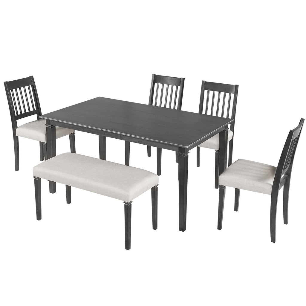 Angled view of retro 6-piece dining set with dark wood table, four chairs, and bench, designed for space-saving and easy home assembly.