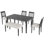 Angled view of retro 6-piece dining set with dark wood table, four chairs, and bench, designed for space-saving and easy home assembly.