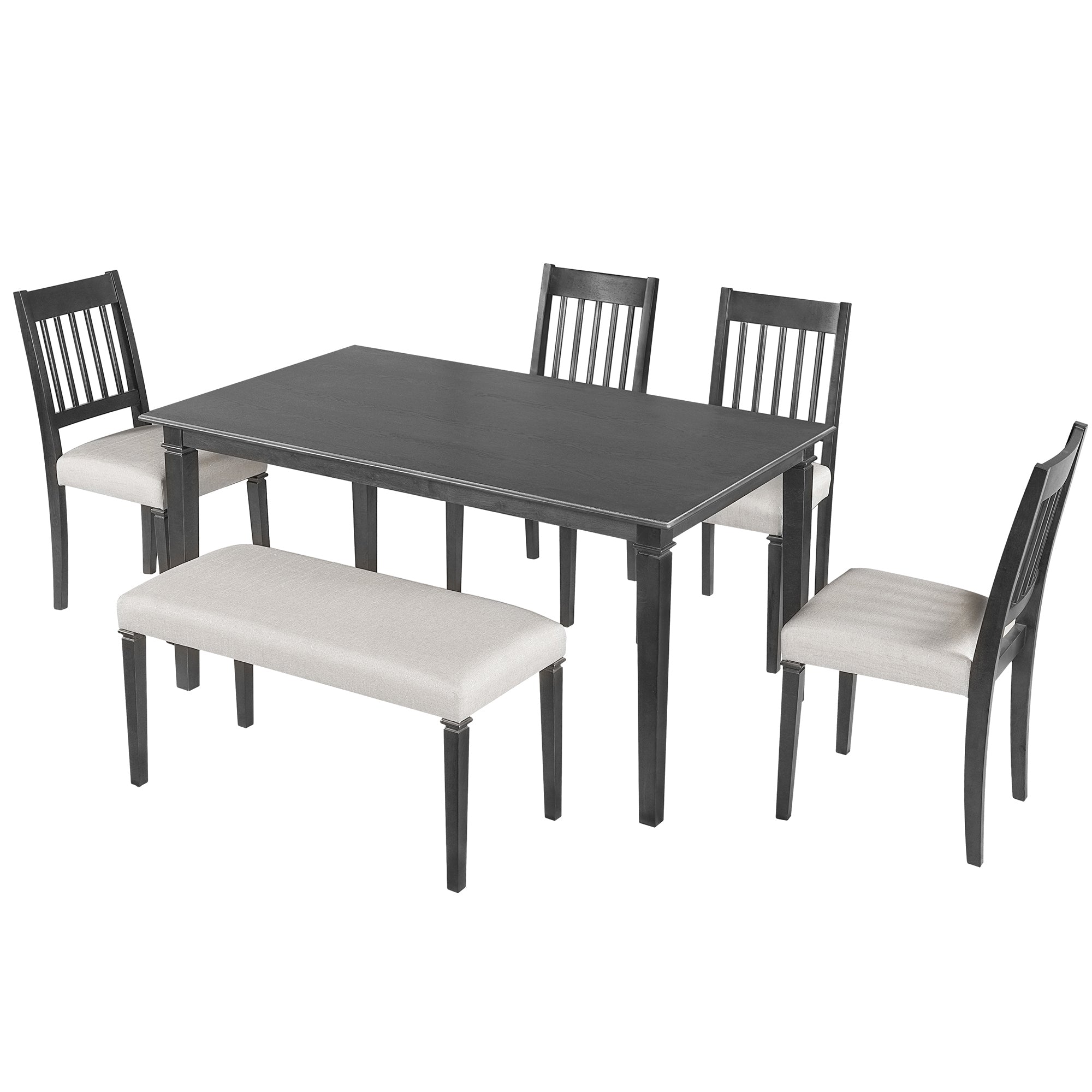 Angled view of retro 6-piece dining set with dark wood table, four chairs, and bench, designed for space-saving and easy home assembly.