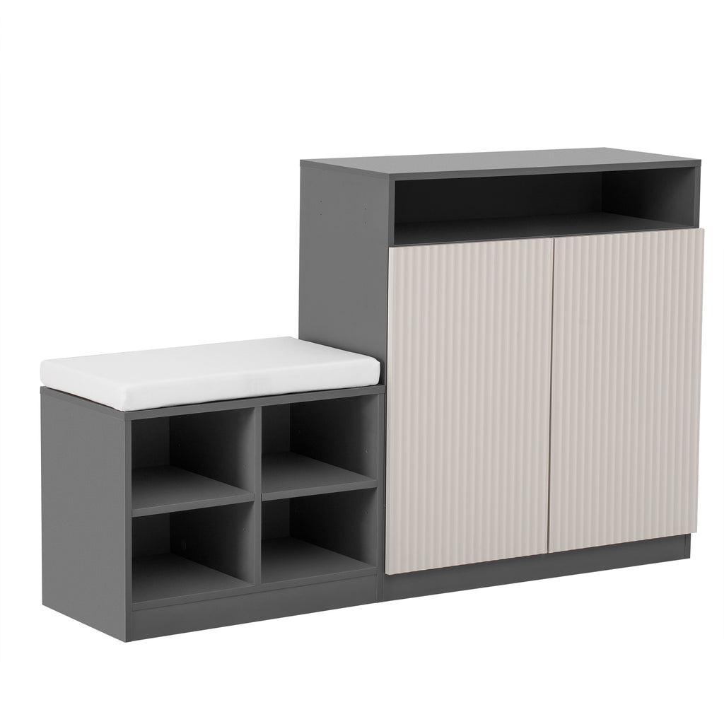Angled view of living room cabinet & shoe bench combo with beige and gray finish. Features cushioned seating and open shelving.