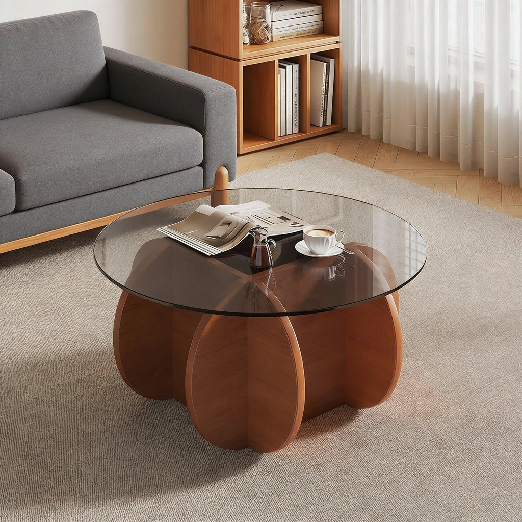 Modern Round Coffee Table - Walnut and Glass Design.