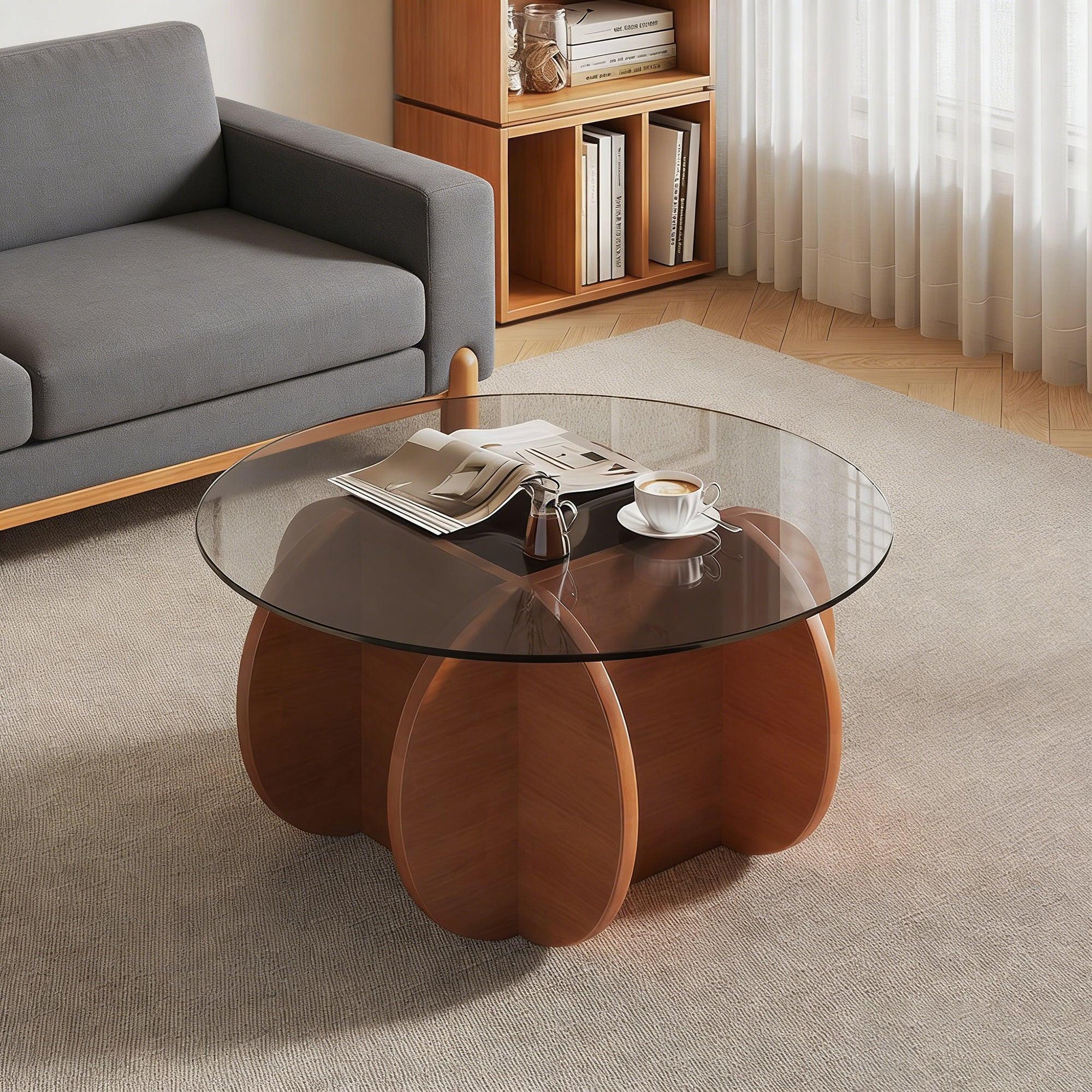 Modern Round Coffee Table - Walnut and Glass Design.