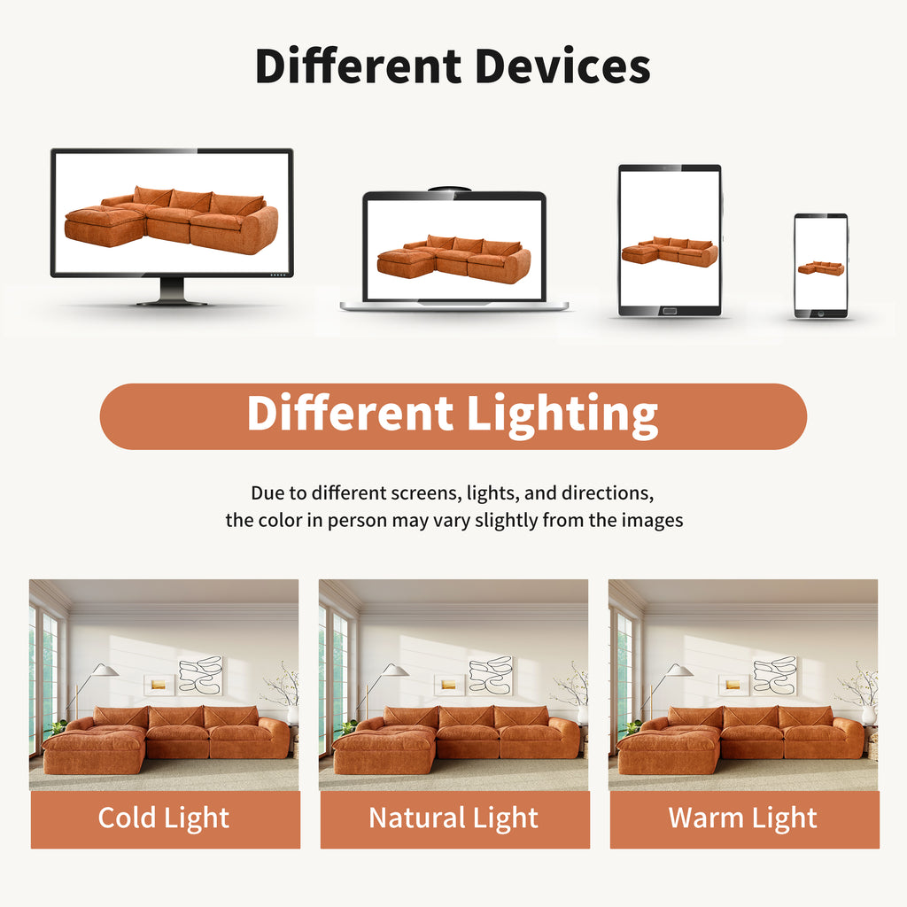 116'' compressed sofa no assembly shown under different lighting conditions and devices, highlighting color variation in display.