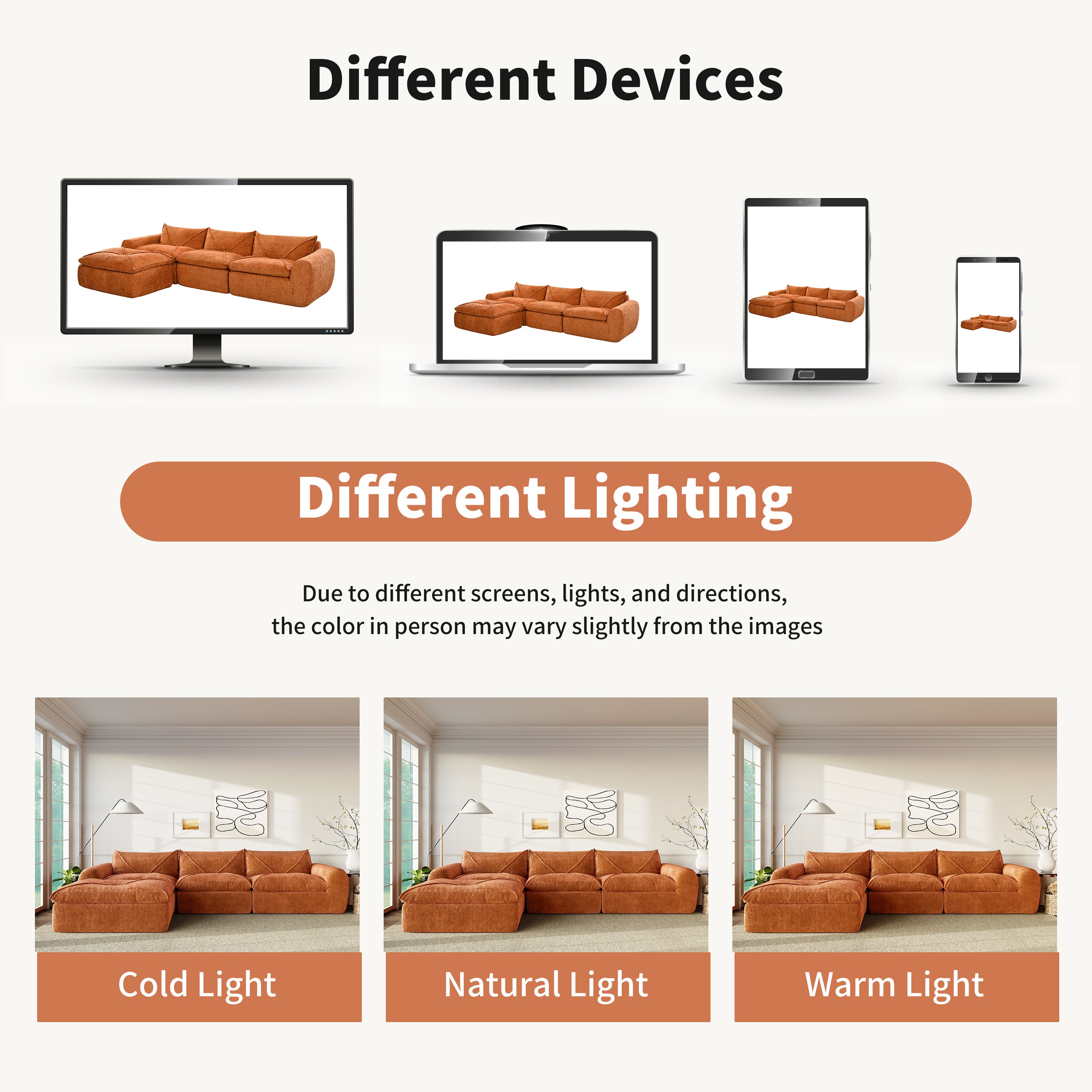 116'' compressed sofa no assembly shown under different lighting conditions and devices, highlighting color variation in display.