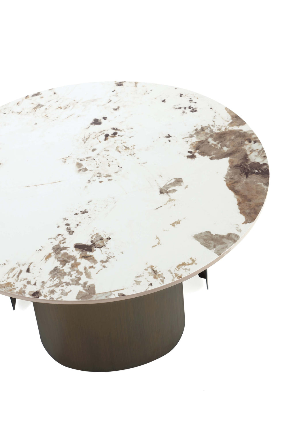 Close-up of Coffee Table in Bronze showing detailed sintered stone top with natural veining and brushed gold base for a modern aesthetic.